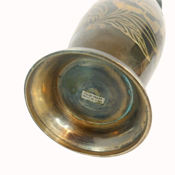 Vintage Solid Brass Etched Floral Design Vase Made In India - 13.75" Tall - Picture 6 of 7
